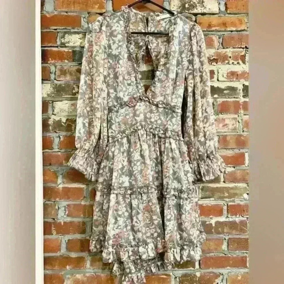 Saints & Secrets GREY ORANGE MULTI-COLOR FLORAL PRINT V-NECK RUFFLE DRES… - Picture 5 of 9